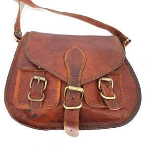 VTG Genuine Leather Saddlebag Brown Messenger Adjustable Strap Pockets Buckles